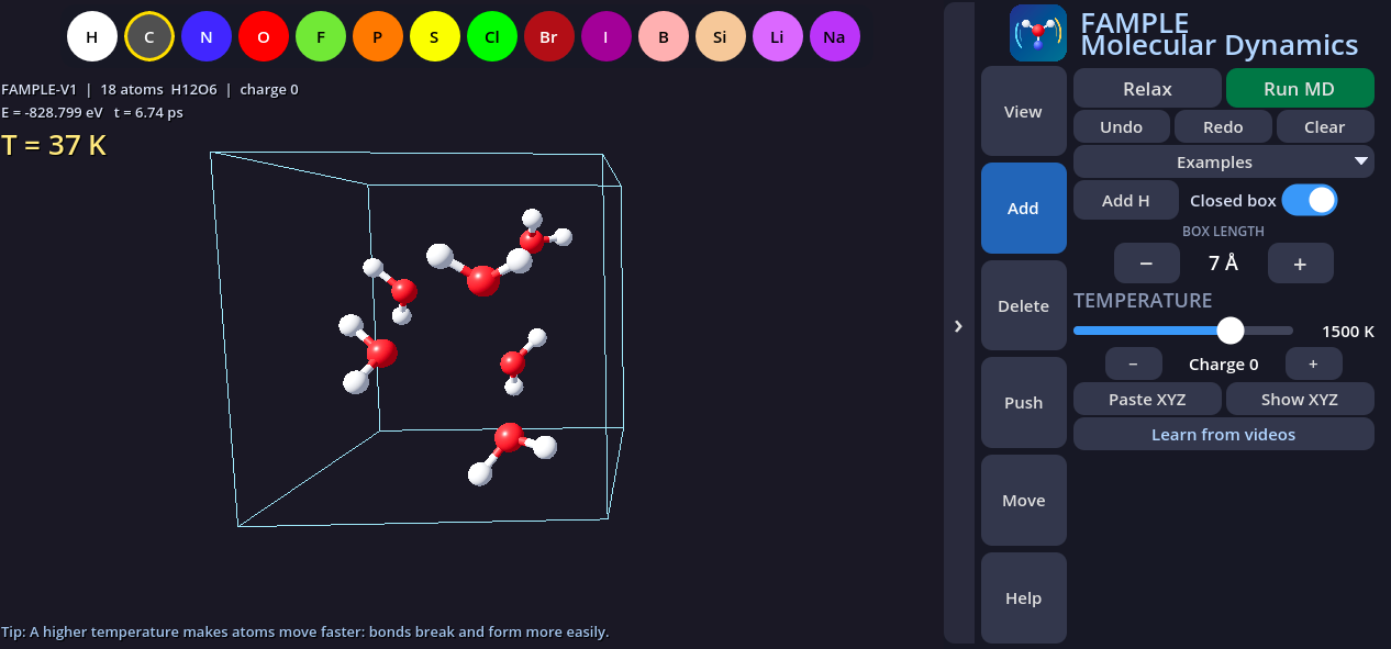 The FAMPLE Molecular Dynamics app simulating water molecules in a box at 1500 K, with the element picker and simulation controls